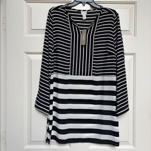 Chicos Striped Pair Tunic Top Black White Long Sleeve Size 1 M New Resort Beach